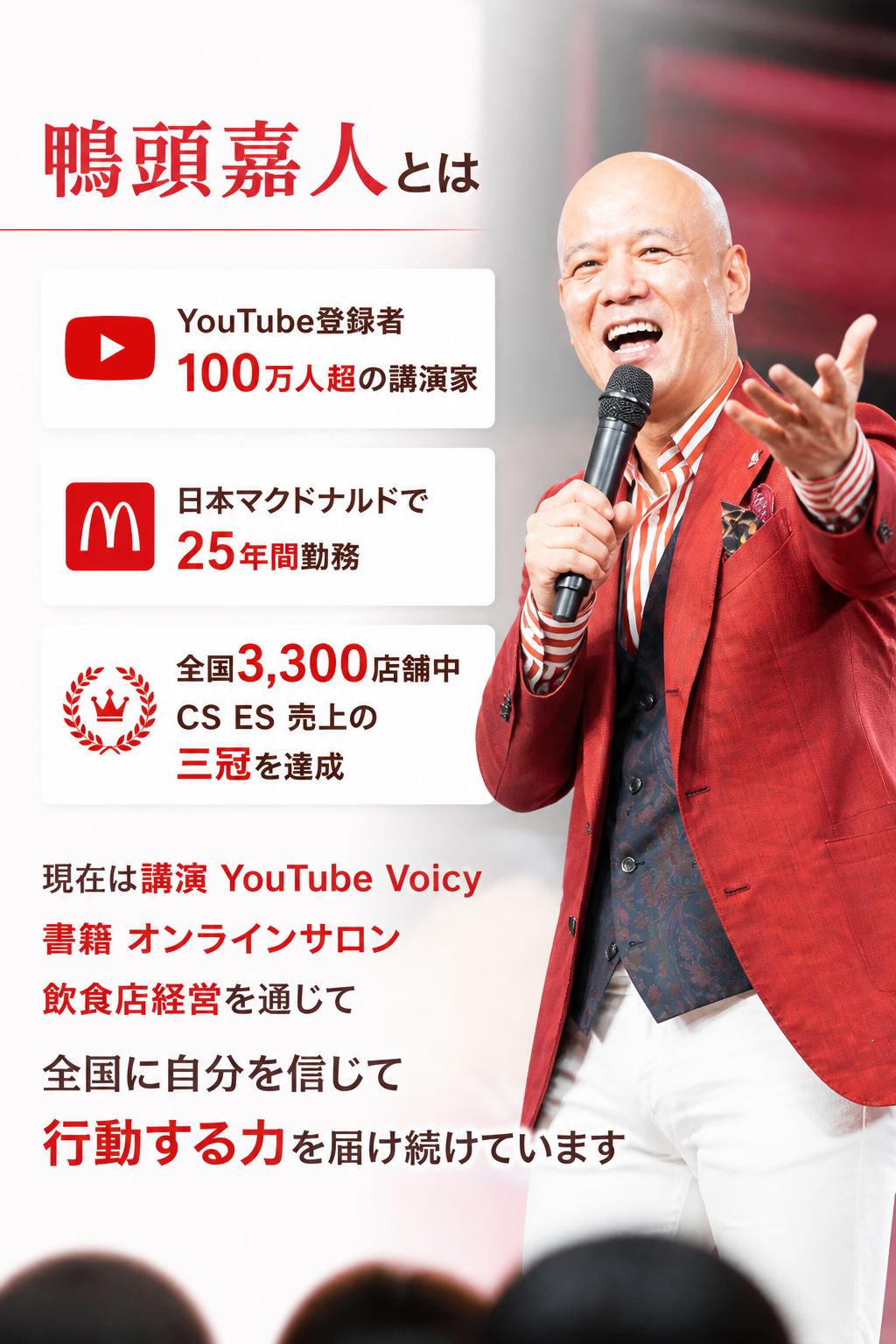 鴨頭嘉人とは。鴨頭嘉人は、YouTube登録者100万人超の講演家。日本マクドナルドで25年間勤務し、全国3,300店舗中、CS・ES・売上の三冠を達成。現在は、講演・YouTube・Voicy・書籍・オンラインサロン・飲食店経営などを通じて、全国に「自分を信じて行動する力」を届け続けています。