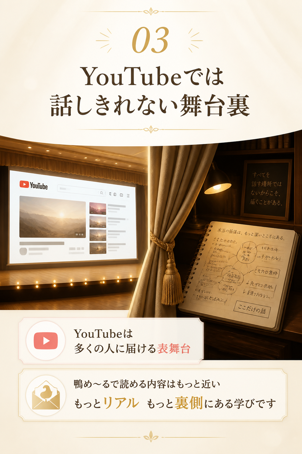 3. YouTubeでは話しきれない舞台裏。YouTubeは、多くの人に届けるための表舞台です。でも鴨め〜るで読める内容は、もっと近い。もっとリアル。もっと裏側にある学びです。